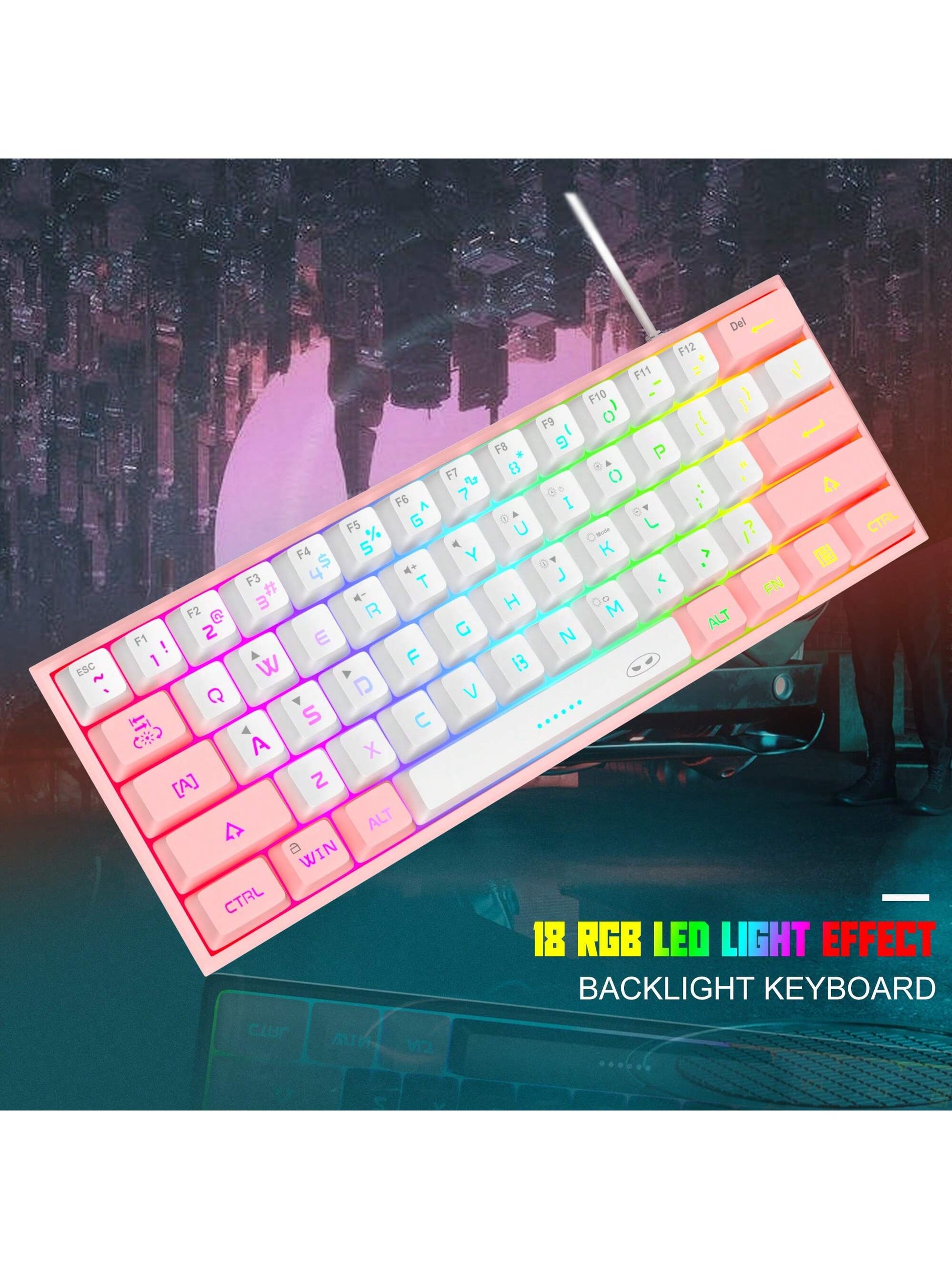 Magegee TS91 60% round Keycaps Wired Keyboard 68 Keys RGB Backlight Small Portable Office Computer Membrane Keyboard for Windows Tablet Laptop Office Home Use White