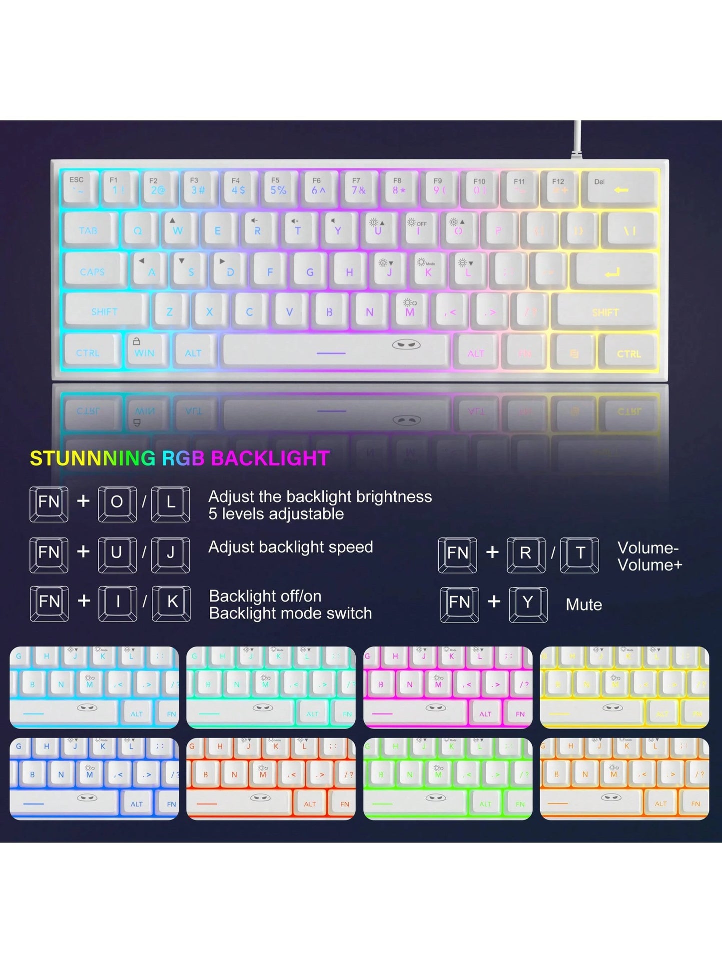 Magegee TS91 60% round Keycaps Wired Keyboard 68 Keys RGB Backlight Small Portable Office Computer Membrane Keyboard for Windows Tablet Laptop Office Home Use White