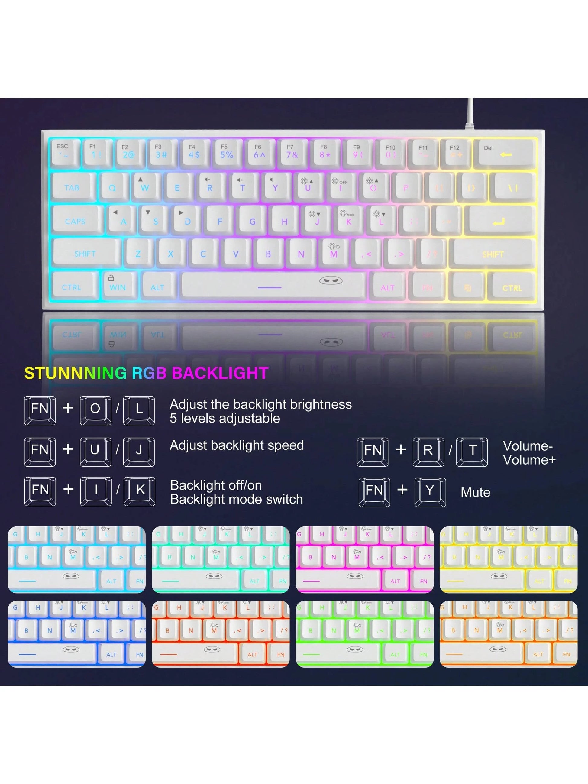 Magegee TS91 60% round Keycaps Wired Keyboard 68 Keys RGB Backlight Small Portable Office Computer Membrane Keyboard for Windows Tablet Laptop Office Home Use White