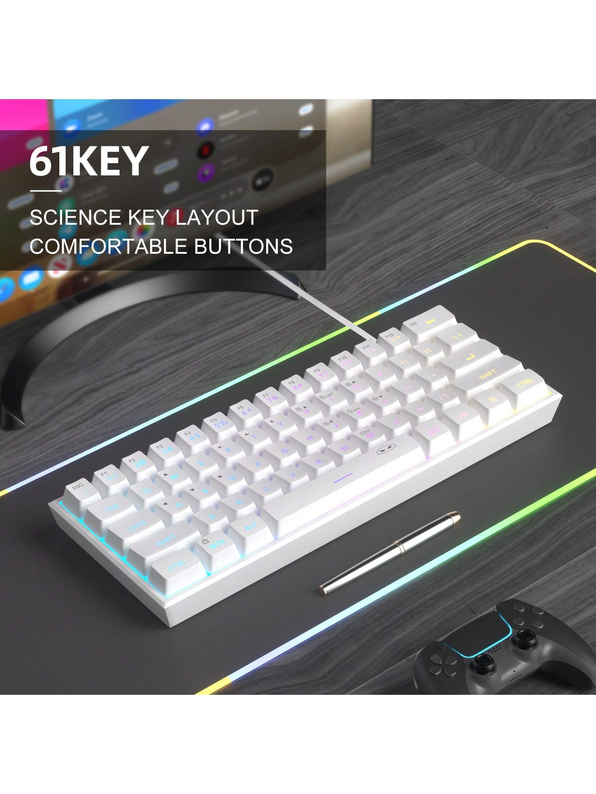 Magegee TS91 60% round Keycaps Wired Keyboard 68 Keys RGB Backlight Small Portable Office Computer Membrane Keyboard for Windows Tablet Laptop Office Home Use White