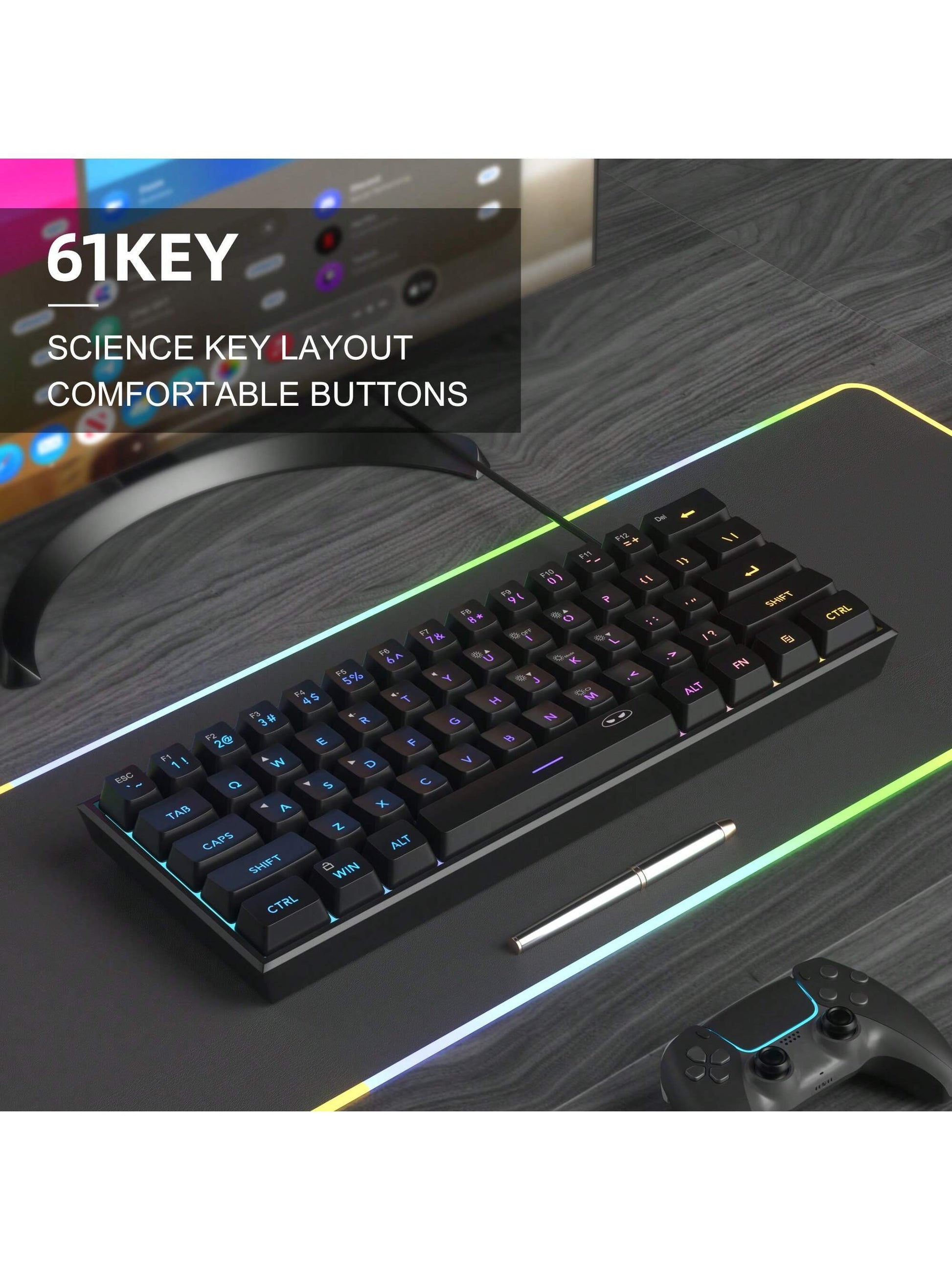 Magegee TS91 60% round Keycaps Wired Keyboard 68 Keys RGB Backlight Small Portable Office Computer Membrane Keyboard for Windows Tablet Laptop Office Home Use White