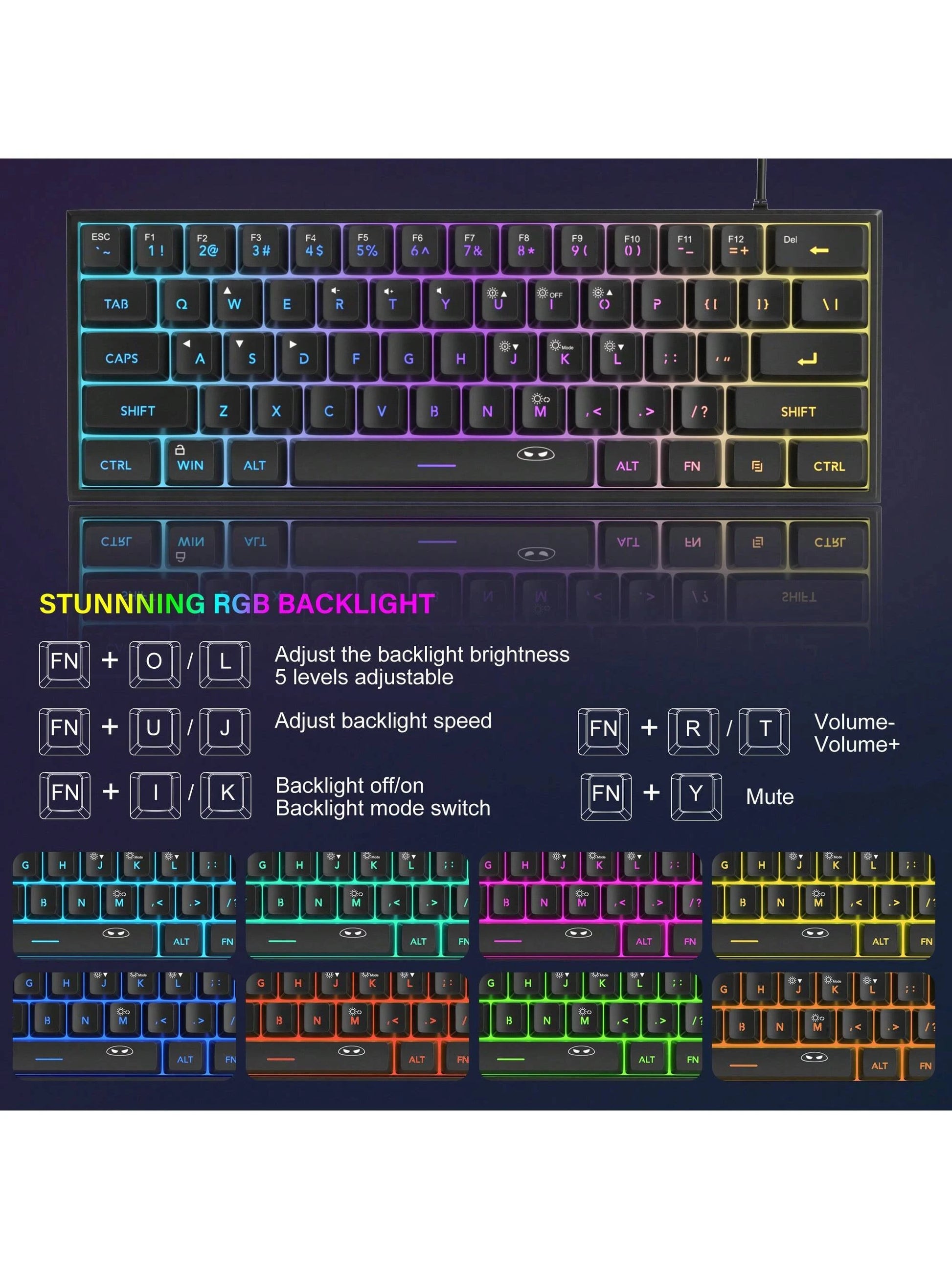 Magegee TS91 60% round Keycaps Wired Keyboard 68 Keys RGB Backlight Small Portable Office Computer Membrane Keyboard for Windows Tablet Laptop Office Home Use White