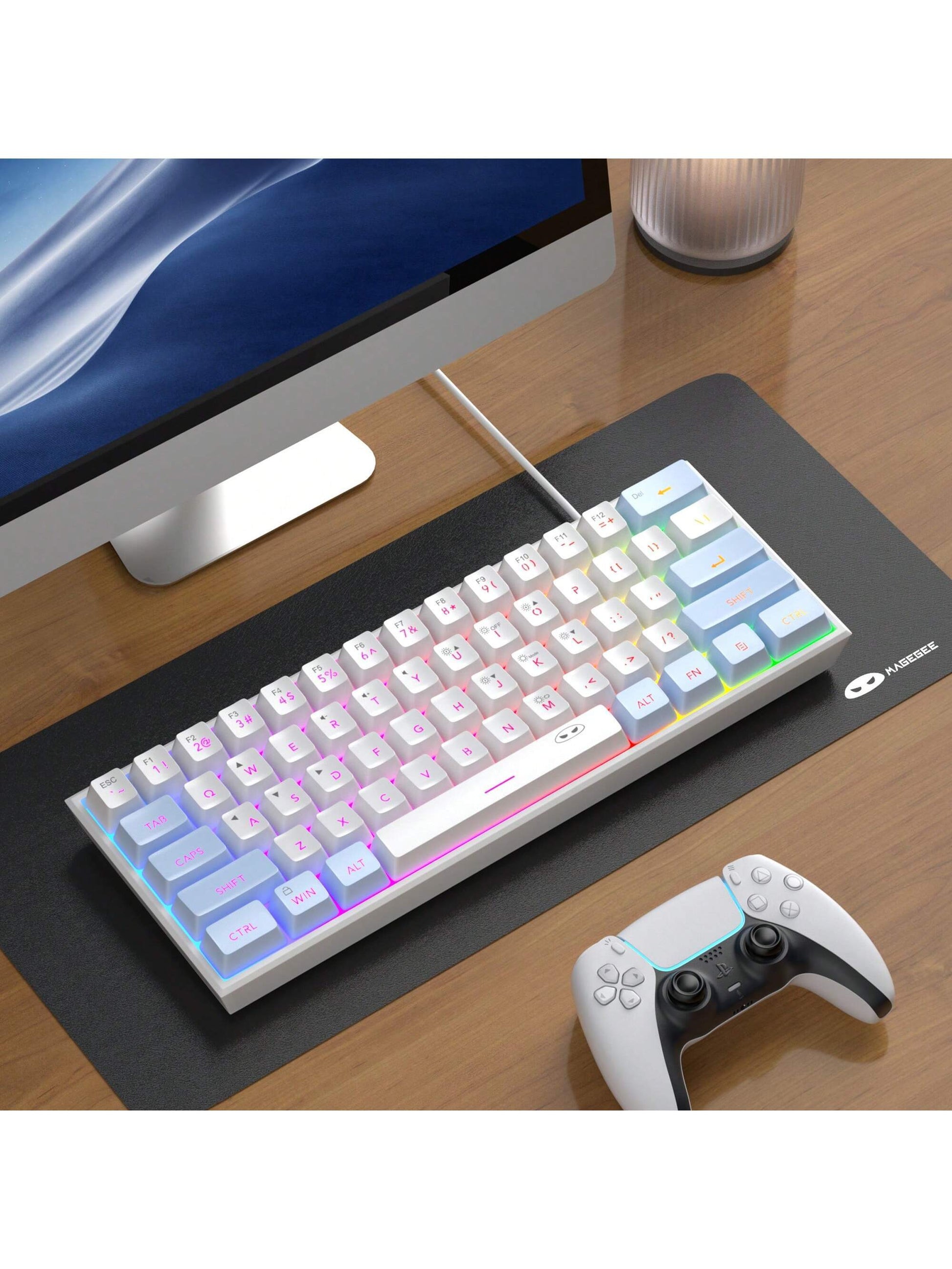 Magegee TS91 60% round Keycaps Wired Keyboard 68 Keys RGB Backlight Small Portable Office Computer Membrane Keyboard for Windows Tablet Laptop Office Home Use White