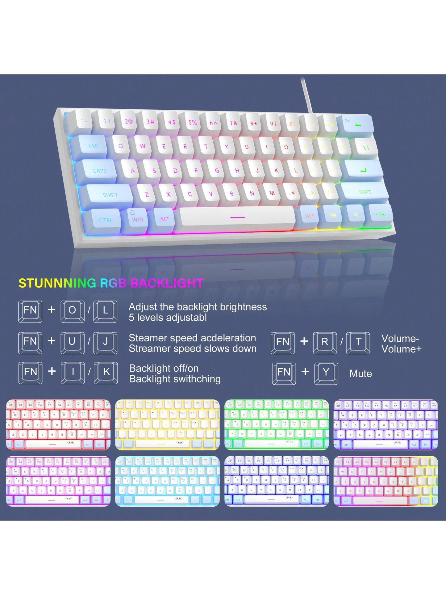 Magegee TS91 60% round Keycaps Wired Keyboard 68 Keys RGB Backlight Small Portable Office Computer Membrane Keyboard for Windows Tablet Laptop Office Home Use White