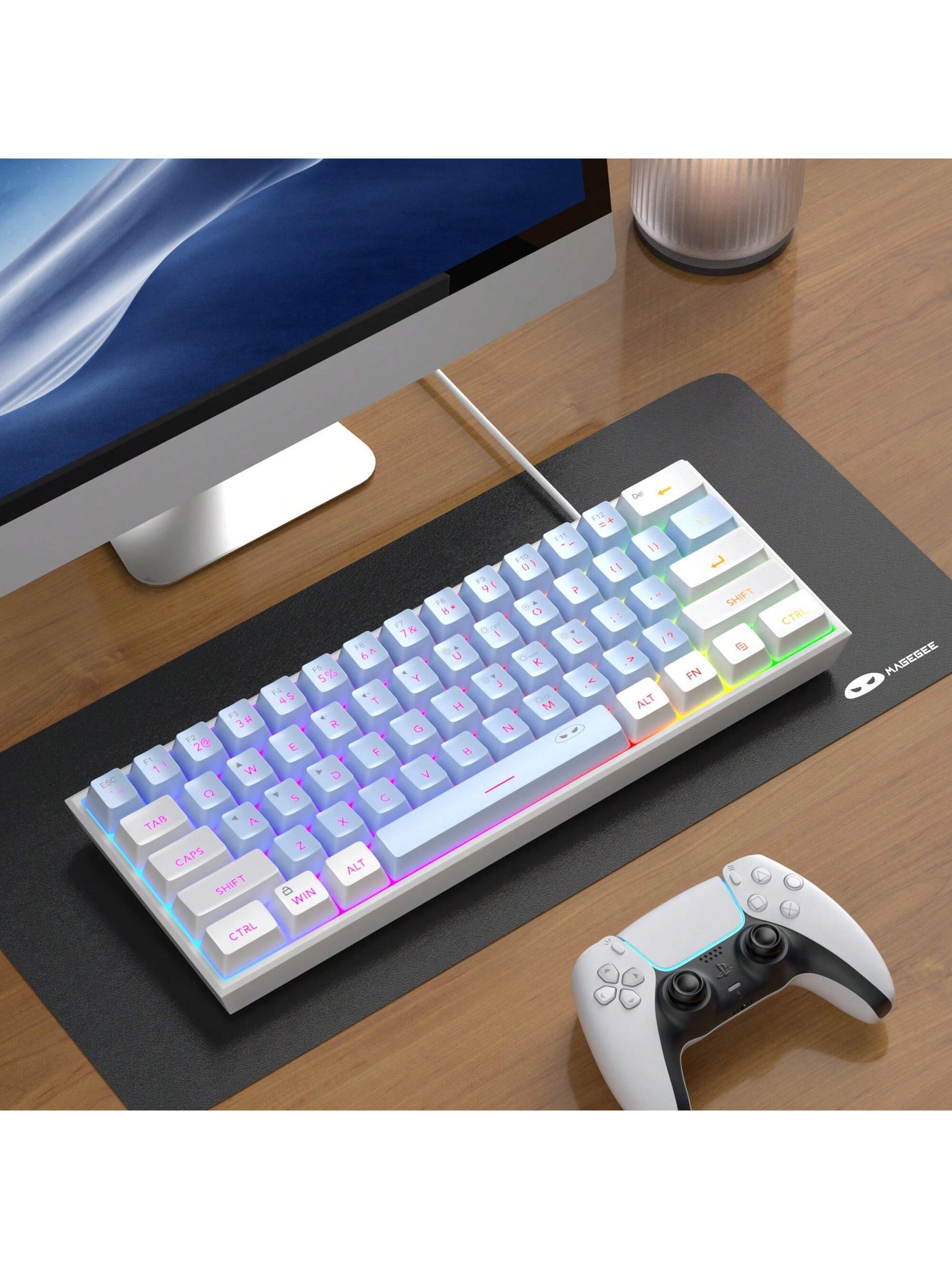 Magegee TS91 60% round Keycaps Wired Keyboard 68 Keys RGB Backlight Small Portable Office Computer Membrane Keyboard for Windows Tablet Laptop Office Home Use White