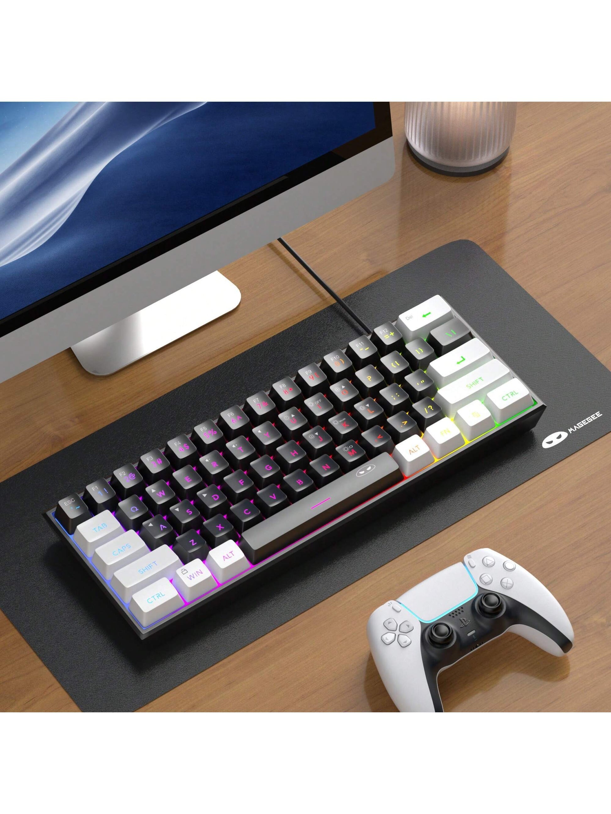 Magegee TS91 60% round Keycaps Wired Keyboard 68 Keys RGB Backlight Small Portable Office Computer Membrane Keyboard for Windows Tablet Laptop Office Home Use White