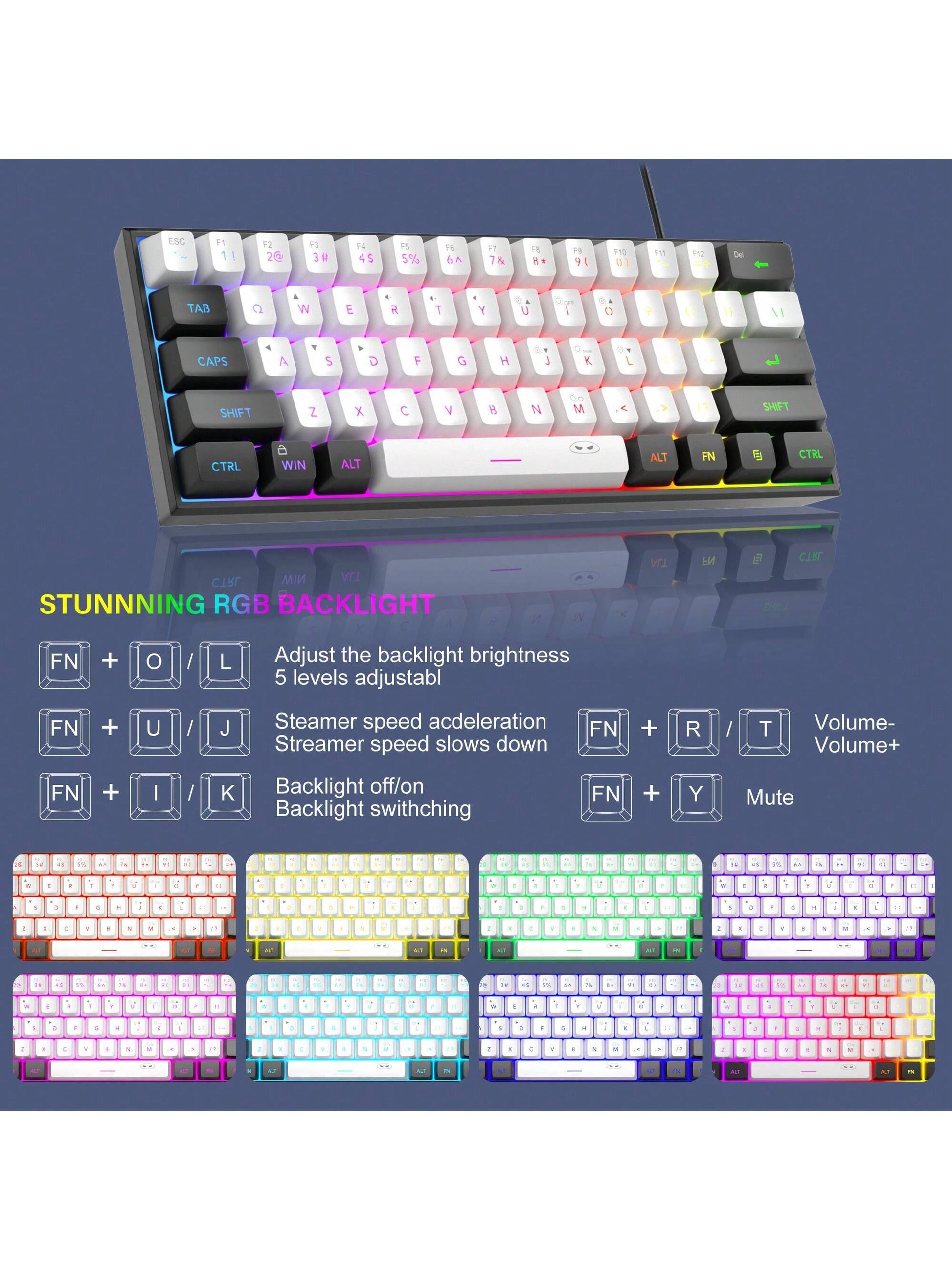 Magegee TS91 60% round Keycaps Wired Keyboard 68 Keys RGB Backlight Small Portable Office Computer Membrane Keyboard for Windows Tablet Laptop Office Home Use White
